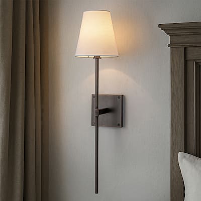 25" Tall Transitional Wall Sconce in Bronze with White Linen Shade Farmhouse Fabric Wall Light for Bedside Hallway Bathroom