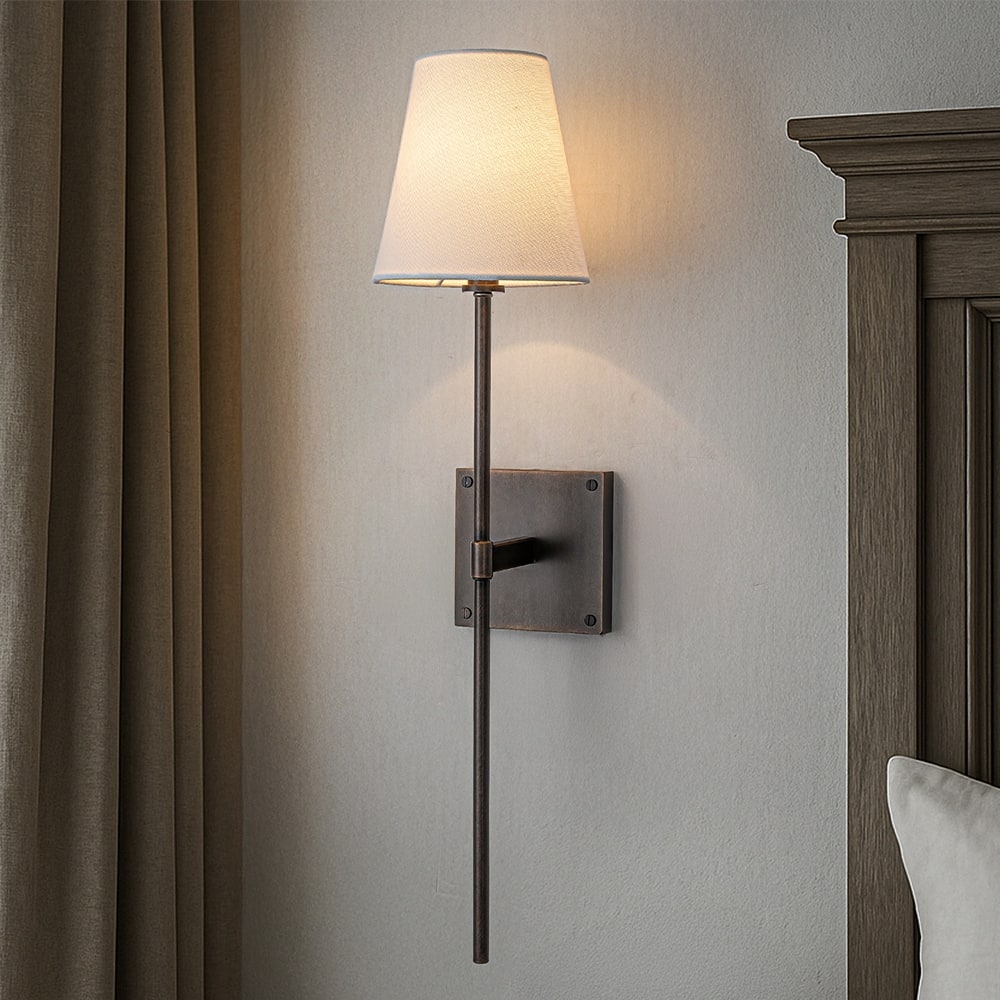 25" Tall Transitional Wall Sconce in Bronze with White Linen Shade Farmhouse Fabric Wall Light for Bedside Hallway Bathroom