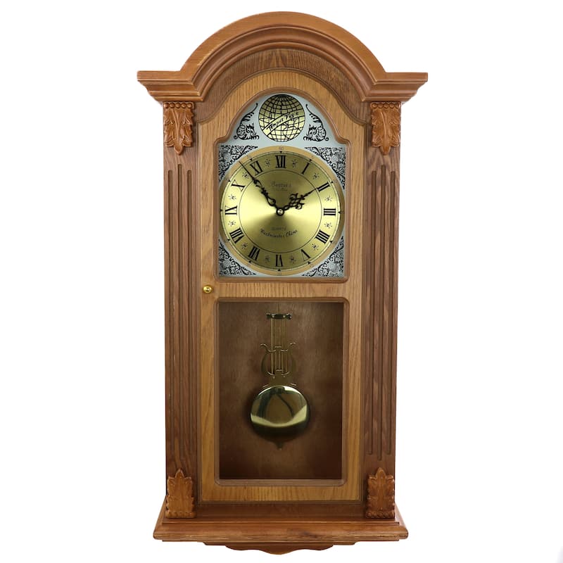 Bedford Clock Collection Honey Oak Chiming Pendulum Wall Clock - 12.25"x5.5"x29.25"