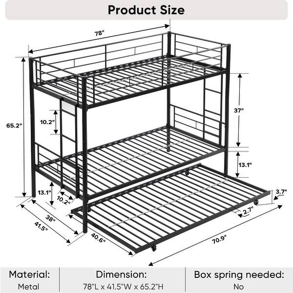 dimension image slide 0 of 2, Metal Bunk Bed Frame with Trundle, Sturdy Guard Rail and 2 Sideladders