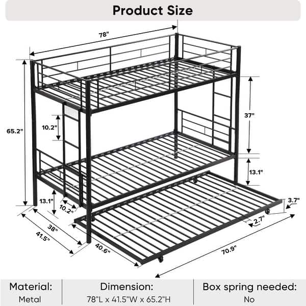 Twin over Twin Bunk Bed with Trundle, Sturdy Guard Rail and 2 side Ladders, No Box Spring Needed, Noise Free for Dorm, Black