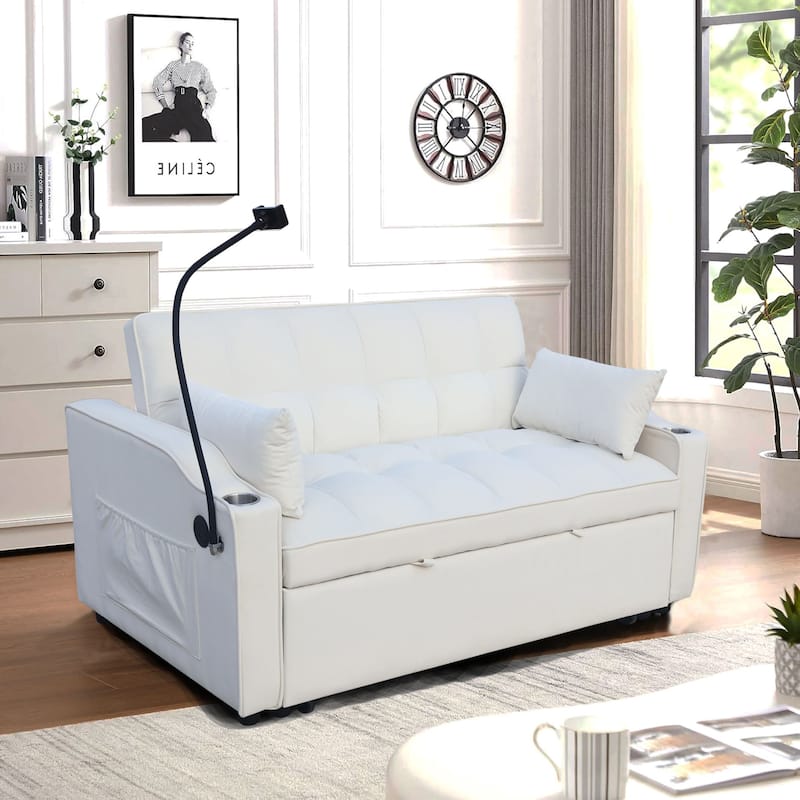 Convertible Sofa Bed with Holders, Velvet Loveseat with Reclining Backrest, Small Sofa with Toss Pillows and Pockets