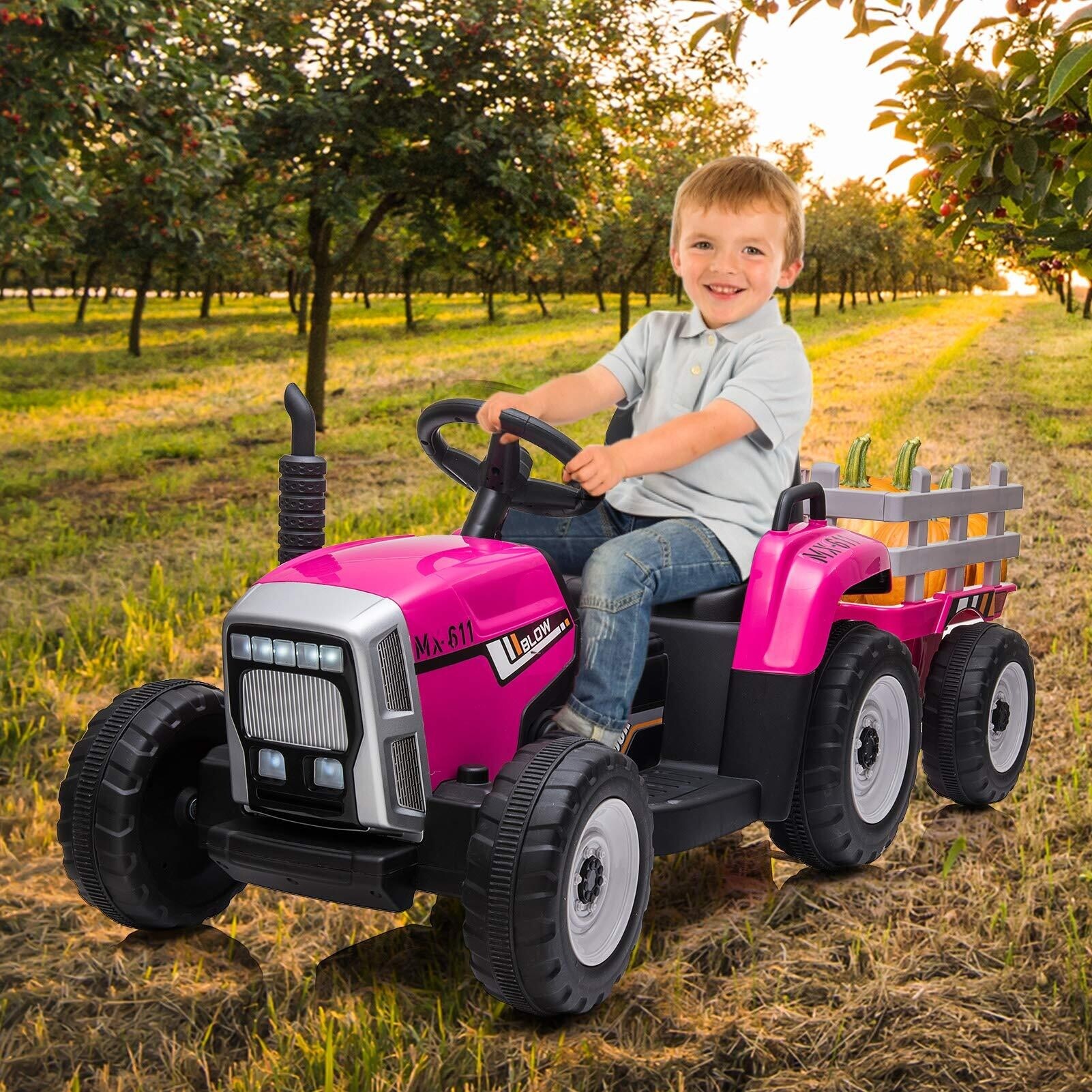 12V Kids Battery Powered Electric Tractor with Trailer Pink