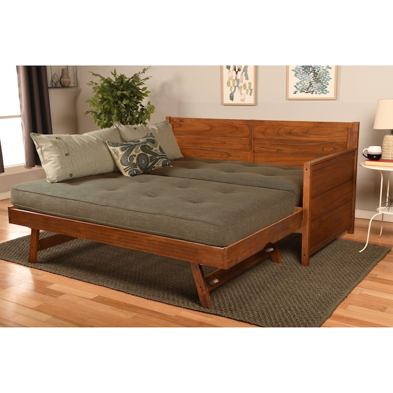 Somette Marisa Daybed with Pop Up Trundle in Weathered Brown with Mattresses - Linen Stone