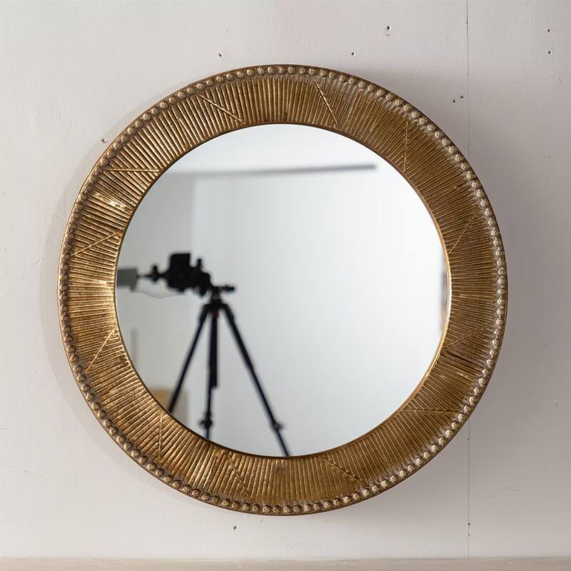 31.3" Gold Textured Round Wall Mirror Iron Frame & MDF Back Decorative Mirror
