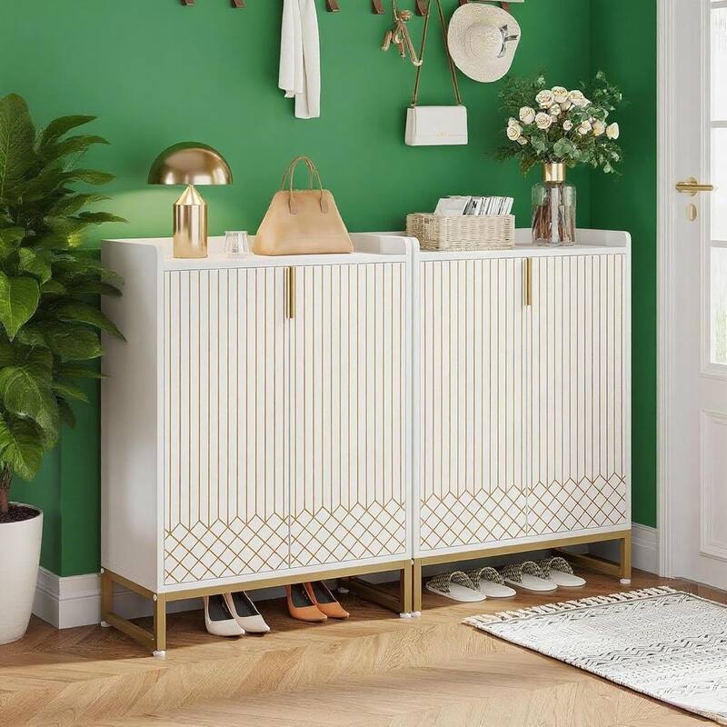White 5 Tier Shoe Cabinet with Steel Legs Diamond Pattern Storage Organizer for 20 to 25 Pairs of Shoes