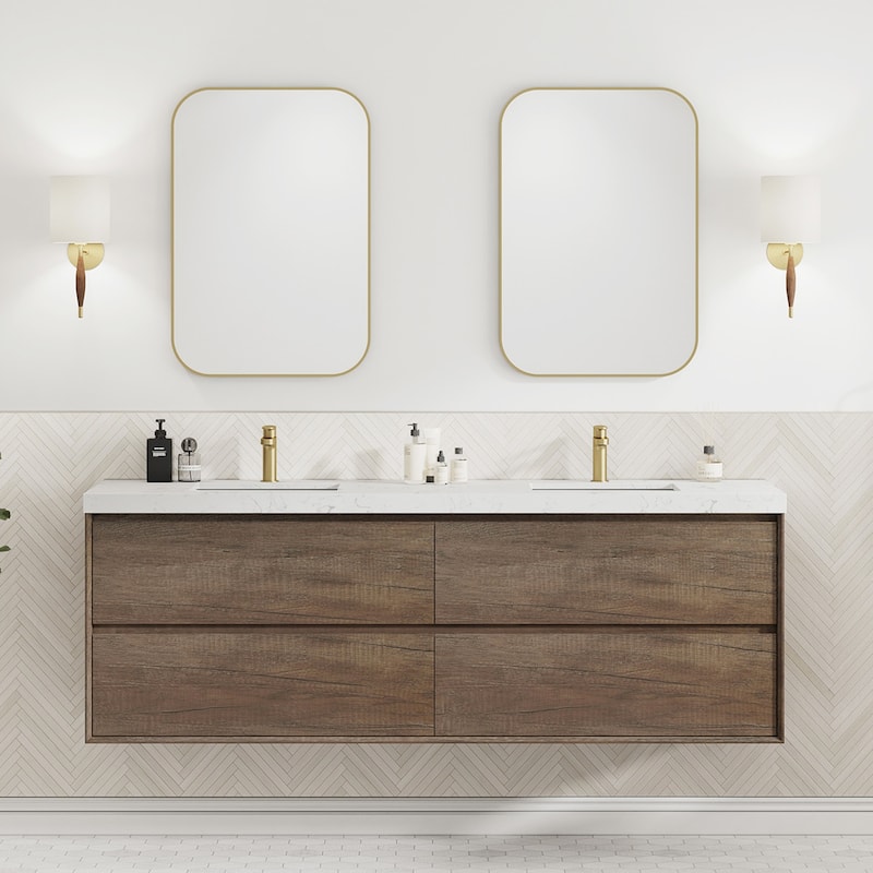 Sylphar 72 inch Bathroom Vanity with Sink, Floating Oak Cabinet with Stone Top - 1 Set Of Antique Oak Vanity