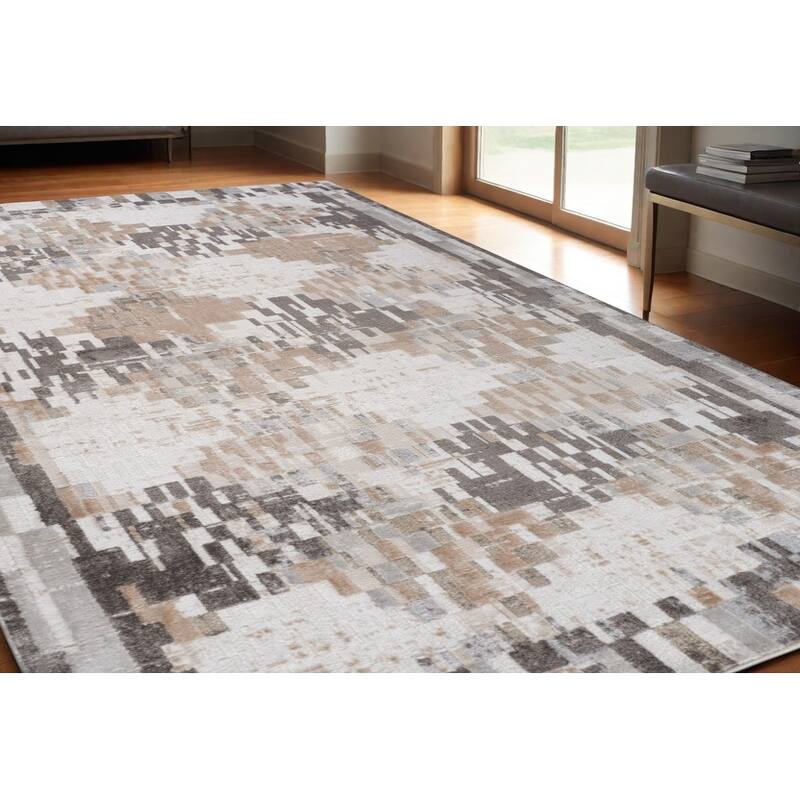 Bibon Distressed Abstract Stain Resistant Low Pile Durable Area Rug By HomeRoots - 5' X 8' - Cream and Brown - Rectangle