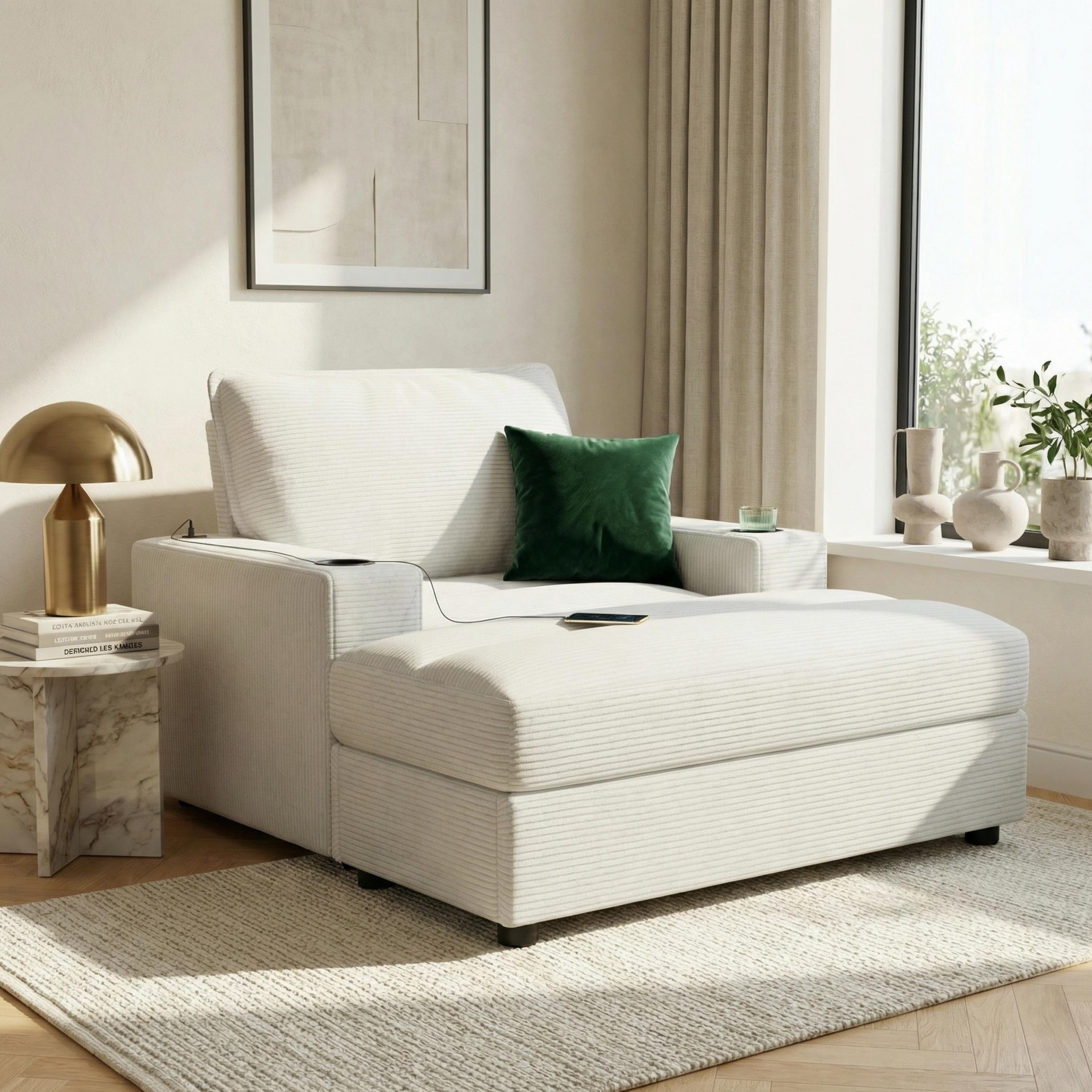 42.8" Oversized Chaise Lounge Chair with Storage Ottoman, Corduroy Sofa Bed with Cup Holders & USB Charging Port