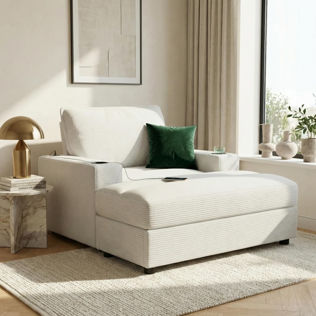 42.8" Oversized Chaise Lounge Chair with Storage Ottoman, Corduroy Sofa Bed with Cup Holders & USB Charging Port