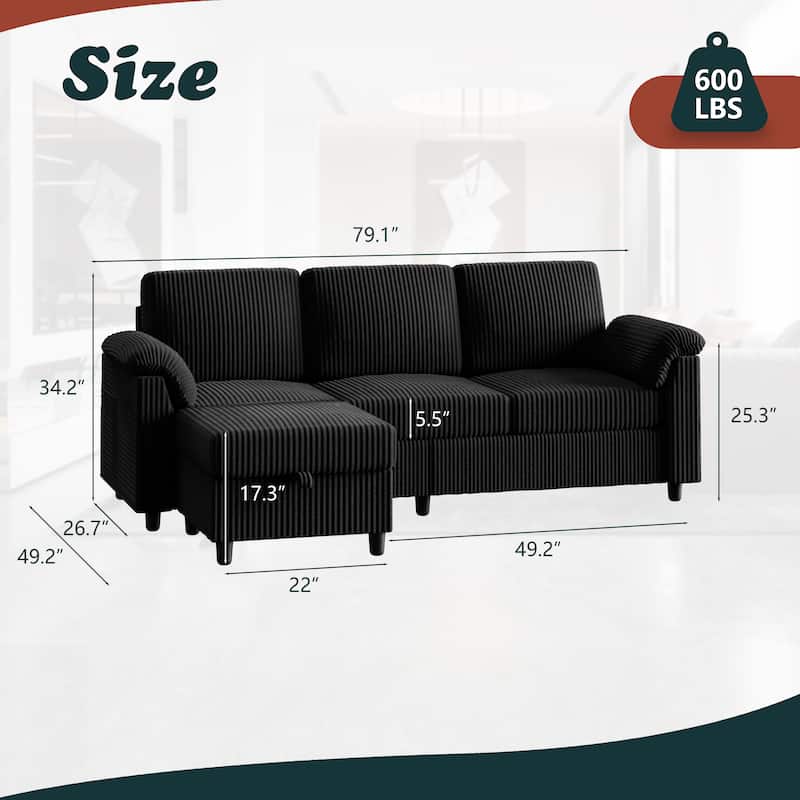 Futzca 79'' Corduroy Sectional Sofa Couch with Removable Pillow