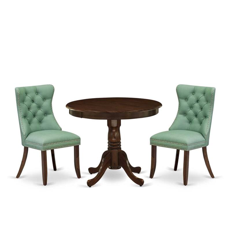 HomeStock 3-Piece Antique Walnut Finish Solid Wood Top - Round Upholstered Dining Room Set - Seats-4