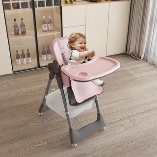 Portable Adjustable Baby High Chair, Infant Feeding Seat with Safety Belt, Silent Lockable Wheels & Easy-Clean, 0-6 Years