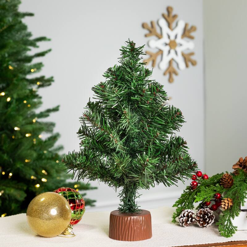 12" Mini Canadian Pine Full Artificial Christmas Tree Faux Wood Base - 1 Foot