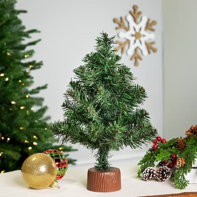 12" Mini Canadian Pine Full Artificial Christmas Tree Faux Wood Base - 1 Foot
