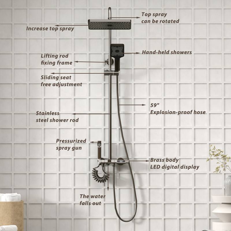 Rain Shower System Set,Led Digital Temperature Display,Waterfall Spout