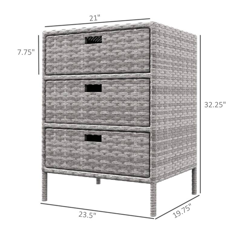 Grey PE Rattan Outdoor Storage Cabinet with 3 Drawers and Steel Frame - 23.5" W x 19.75" D x 32.25" H