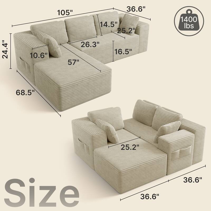 105" Cloud Sectional Couch with L-Shape Chaise, Modular Boneless Sofa, Upholstered Corduroy Couch