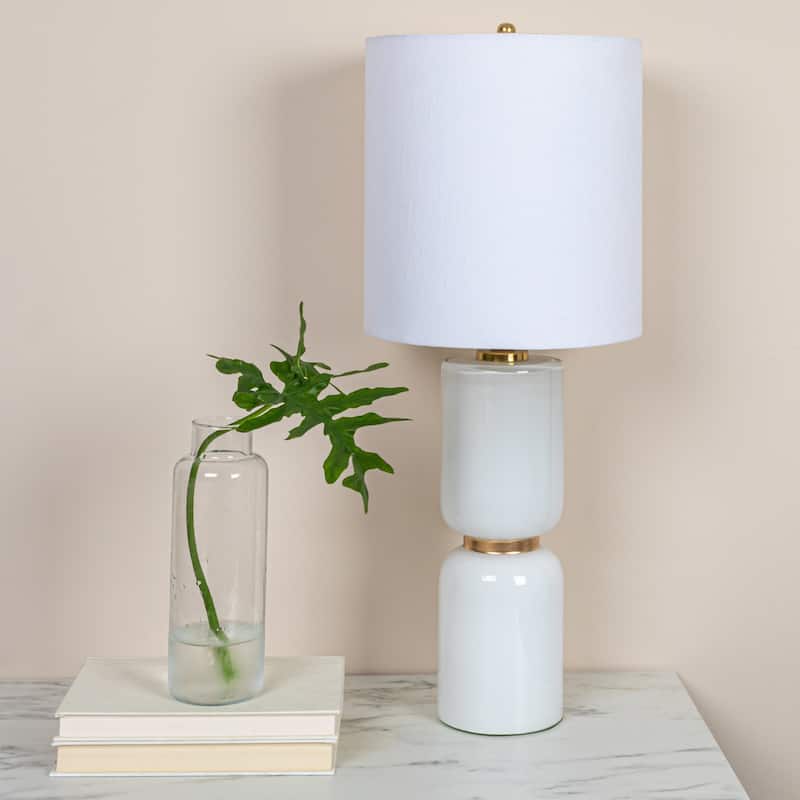 Stacked Glass Base Table Lamp with Cotton Drum Shade - 10.5"L x 10.5"W x 26.5"H
