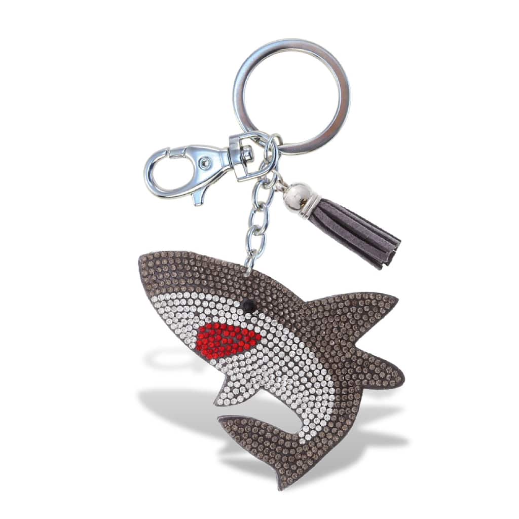 Aqua79 Shark Keychain - Grey Sparkling Rhinestones Charm with Tassel - 3.5 x 2.75 x 0.25 inches