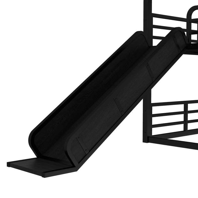 Queen over Queen over Queen Bunk Bed with Slide, Metal Triple Bunk Bed with Safety Guardrails, Noise-reduced Design, Black