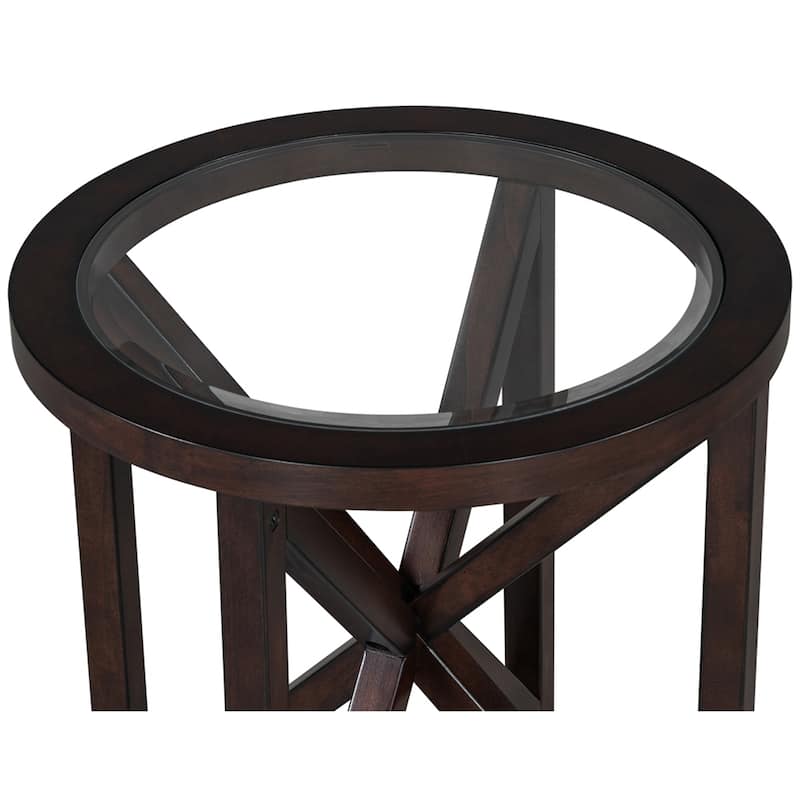 Modern Glass Coffee Table,Solid Wood Base Round Transparent Glass Top