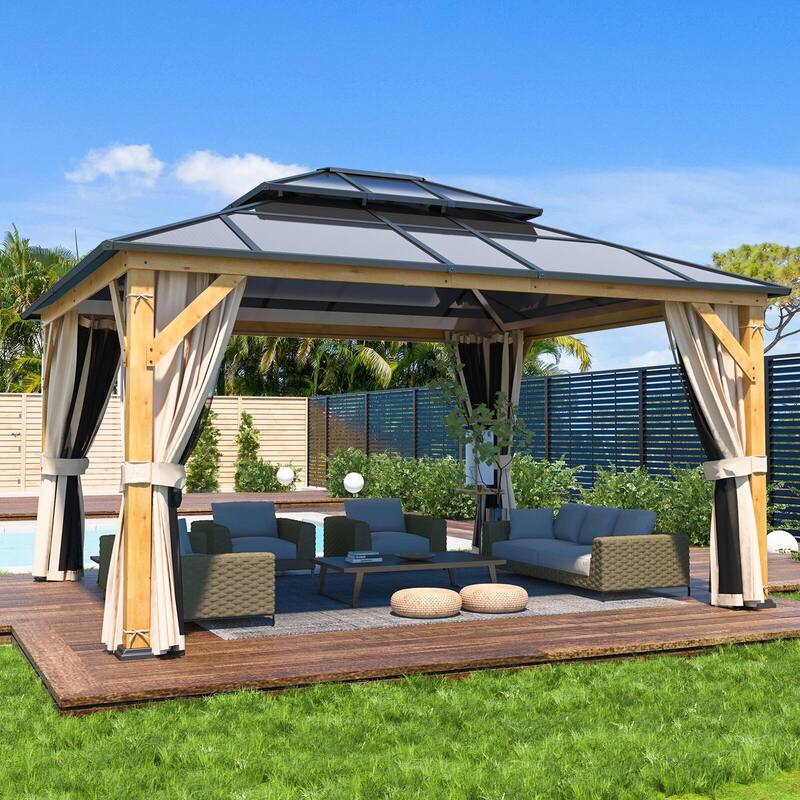 EROMMY Outdoor Wood Gazebo with Double Polycarbonate Roof, Heavy Duty Backyard Patio Pergola Canopy for Garden Shade - 13x15 - Wood Frame
