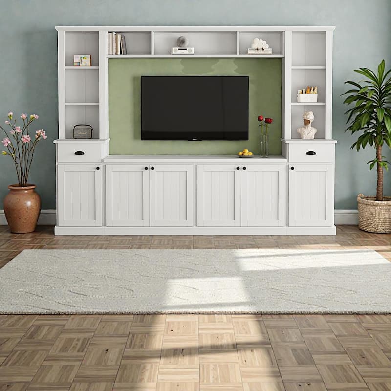 Modern Entertainment Wall Unit with Bridge for TVs up to 75", Large TV Stand Set with Adjustable Shelves and Storage, 103"