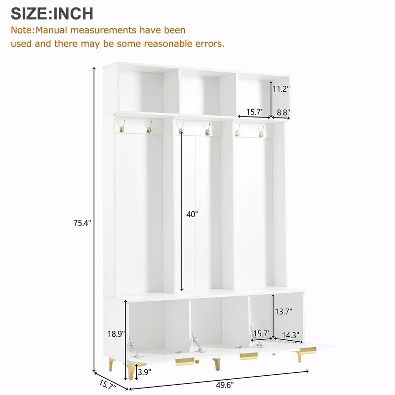 Modern Storage Hall Tree with Bench - Glossy Doors, 6 Gold Hooks