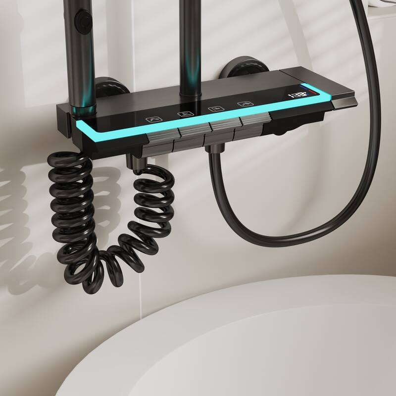 Shower System with LED Temperature Display, 4 Function Piano Button Shower Panel with Rainfall Shower Head, Handheld Shower