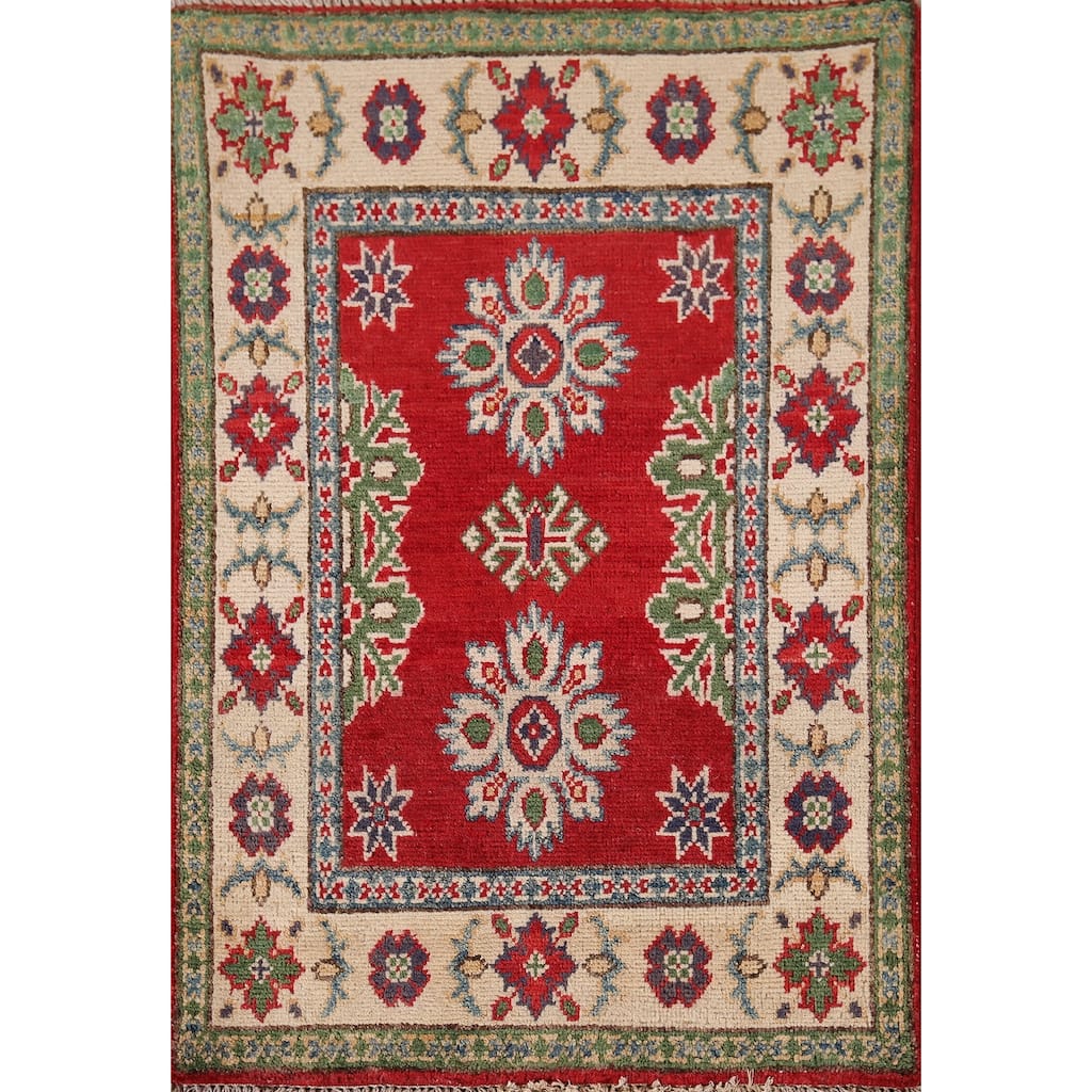 Red Geometric Kazak Oriental Foyer Rug Handmade Wool Carpet - 2'0" x 3'0"