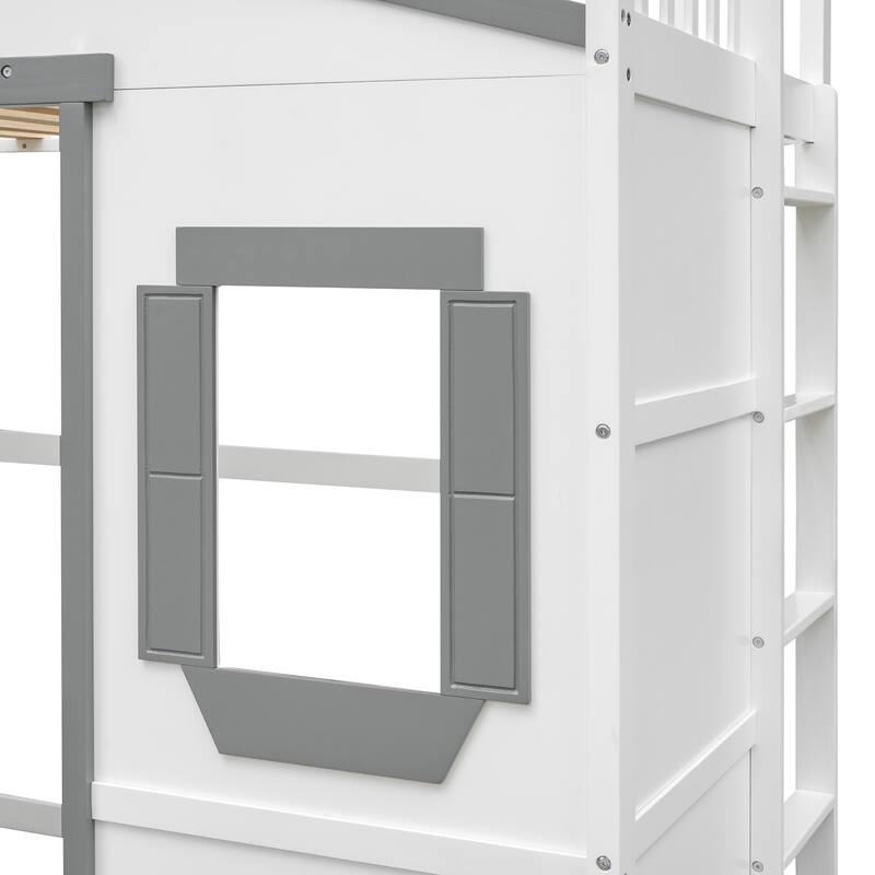 Modern House Bed Twin Size Loft Bed Solid Pine Wood Bed Frame with Door, Windows, Ladder and Safety Guardrails