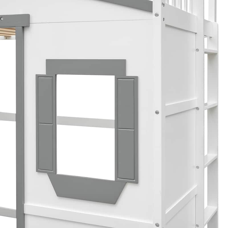 White+Gray Twin Size Solid Wood House Loft Bed With Ladder for Kids, Boys and Girls, Bedroom