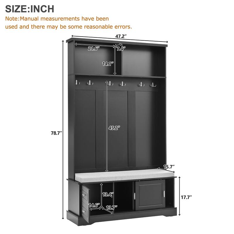 Elegant Hall Tree with Sliding Doors, Coat Rack with 6 Silvery Hooks & Handles, Mudroom Bench Cabinet with Shoe Storage
