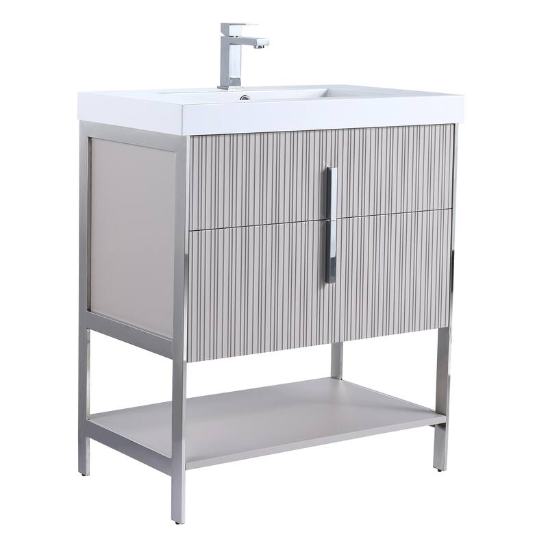 Fine Fixtures Serenity Modern Bathroom Vanity with White Gel Acrylic Top - Bright Taupe - Chrome Hardware - 30 inch