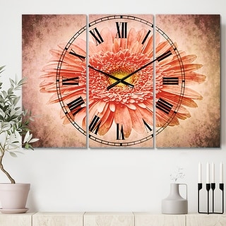 Designart 'Single Daisy on White Background' Cottage 3 Panels Large Wall CLock - 36 in. wide x 28 in. high - 3 panels