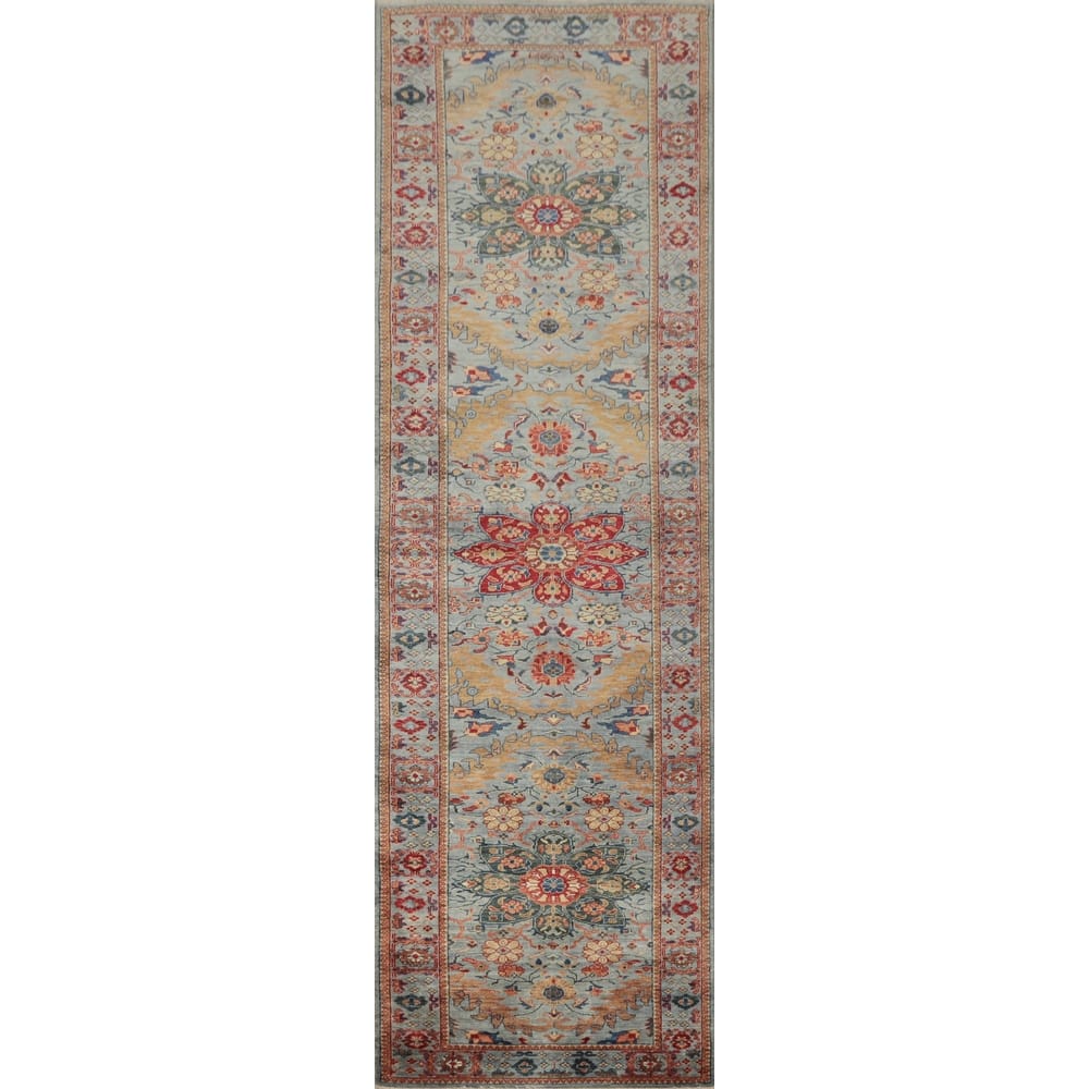 Hand Knotted Oriental 100% Wool Carpet Traditional All-Over Greys & Charcoal Ziegler Runner Rug - 11' 5'' X 2' 7''