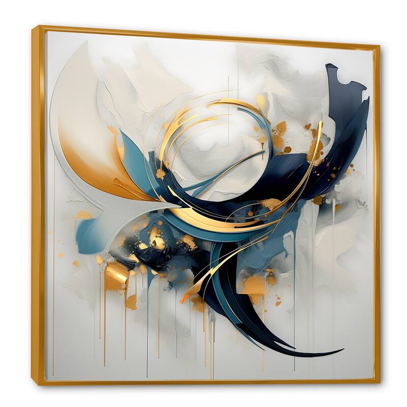Designart "Abstract Golden Blue Whirls Of Serenity I" Abstract Fractal Gold - Modern Bedroom Framed Canvas Wall Art