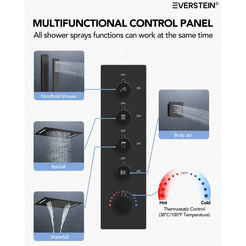 Multi-Function Thermostatic Shower System – Rainfall, Waterfall, Body Jets & LED Smart Control - 15*23
