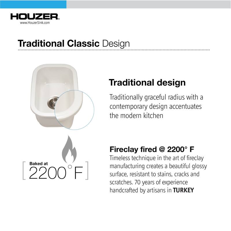 Houzer PTB-1318-C Platus 12-3/16" Undermount Single Basin Fireclay Bar