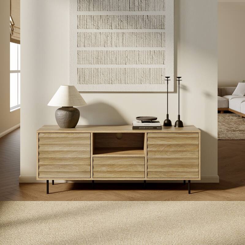 Mid-Century Modern Wave 2-Door 1-Drawer TV Console with Metal Legs - 21.7" H x 55.1" W x 15.7" D