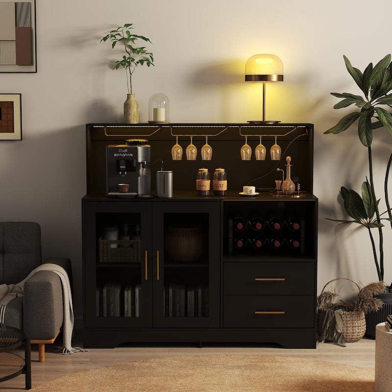 EROMMY Farmhouse Coffee Bar Cabinet with LED Lights, Sliding Barn Door, Wine Racks and Glass Holder, Home Liquor Cabinet - 47 in - Black