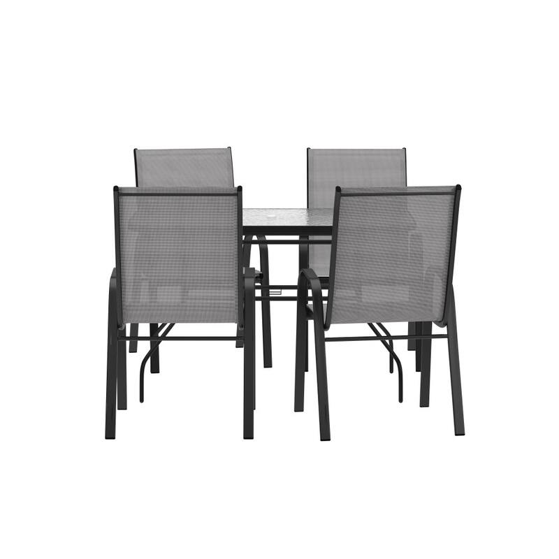 Commercial 5 Pc Outdoor Patio Dining Set with Glass Table and 4 Chairs
