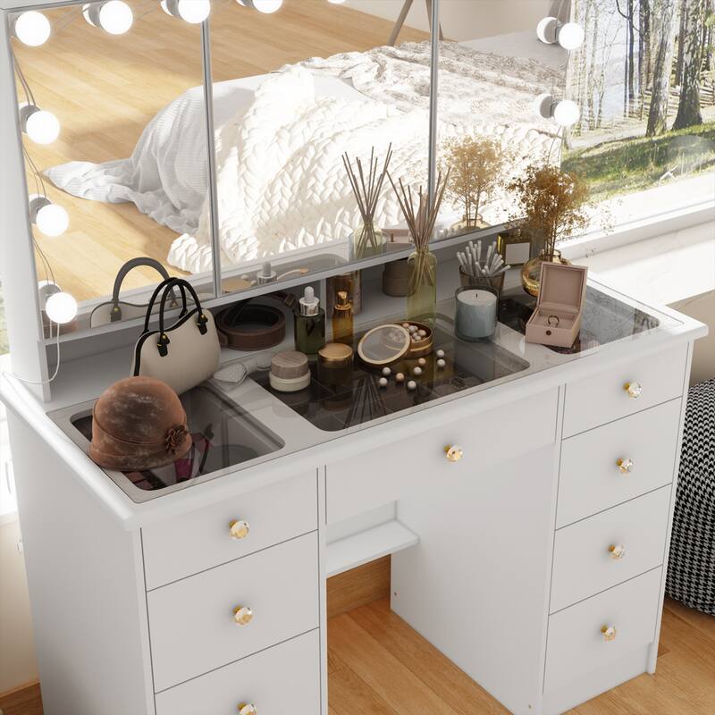Glass Top Soft-Close Adjustable Lighting Vanity Dresser Vanity Makeup Table Dressing Table