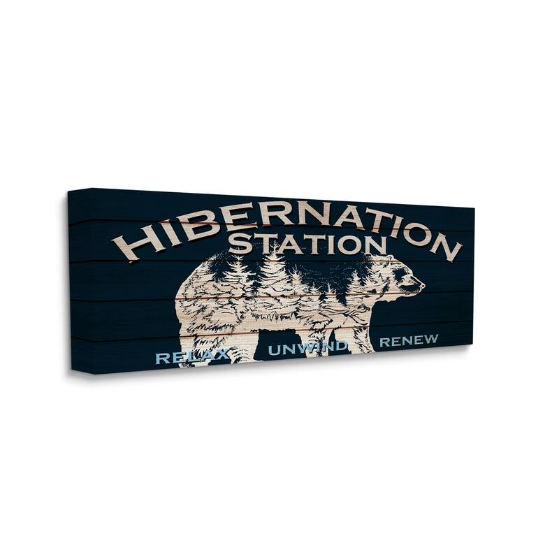 Stupell Hibernation Station Sign Wilderness Bear Trees Silhouette Canvas Wall Art - Black