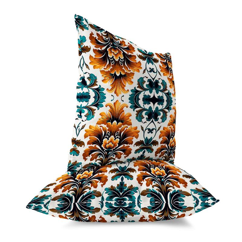 Turquoise And Orange Damask Rapture Faux Suede Throw Pillow Zipper