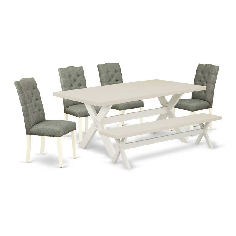 Modern 6-Piece Dinette Set - Linen Fabric Chairs & Bench with Wood Table - Dining Room Table Set