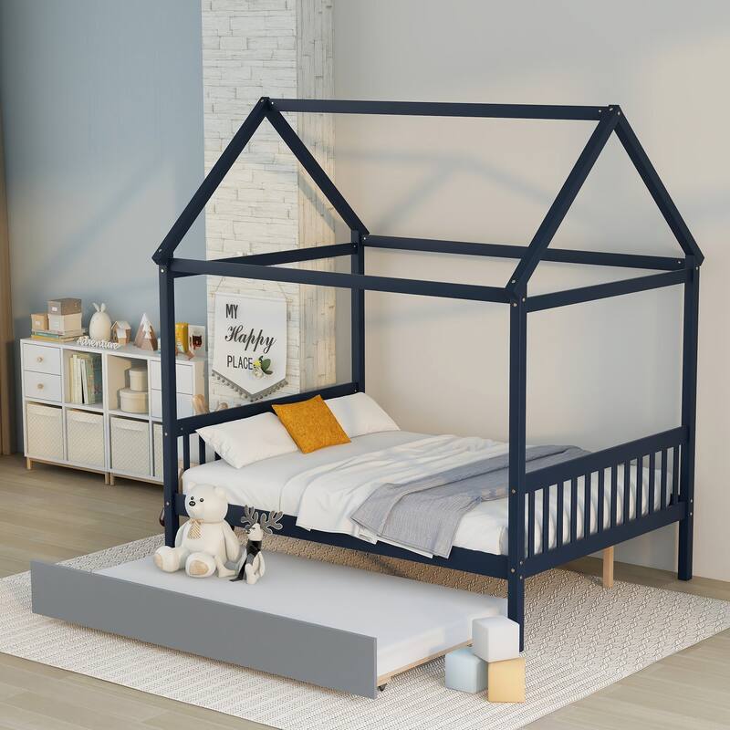 Blue Full Size Wood House Bed with Trundle and Roof