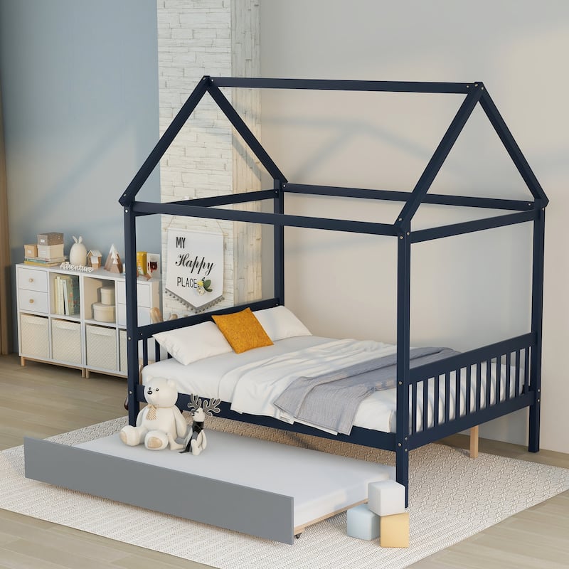 Full Wood House Bed with Trundle & Roof - Blue