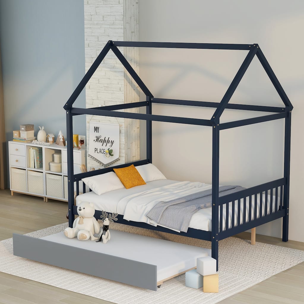 Wooden Twin Platform Bed Twin Size House-shaped Bed Frame with Trundle
